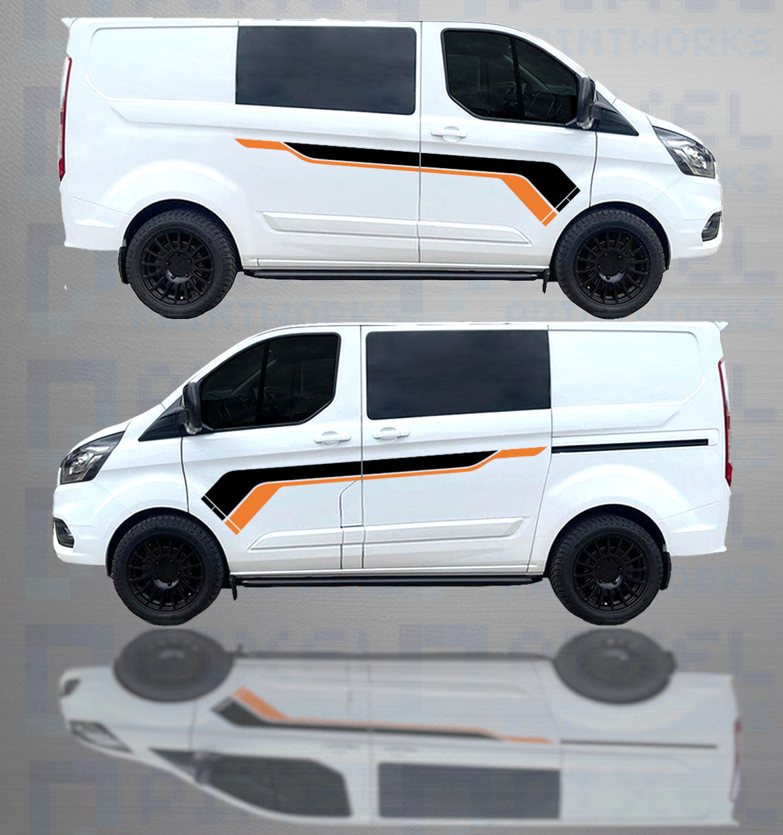Two views of a white van with black and orange stripes on a reflective surface.