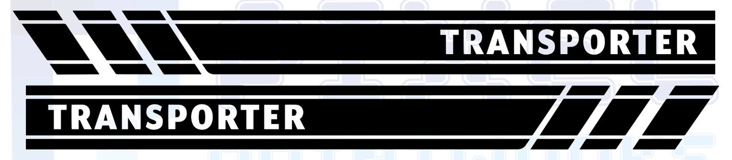 Front Wing Stripe Vinyl Decals with ‘Transporter’ Text for VW Transporter T5 & T6 – Pair by Pixel Printworks