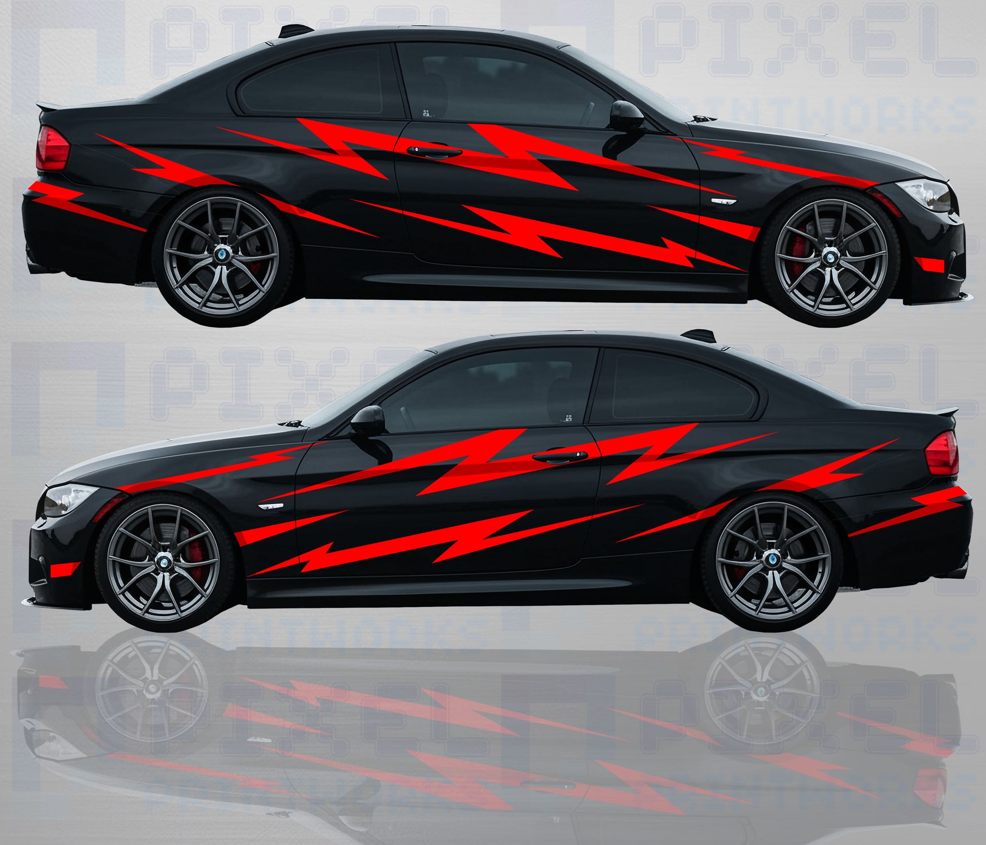 Lightning bolt vinyl graphics decals applied to car body panels
