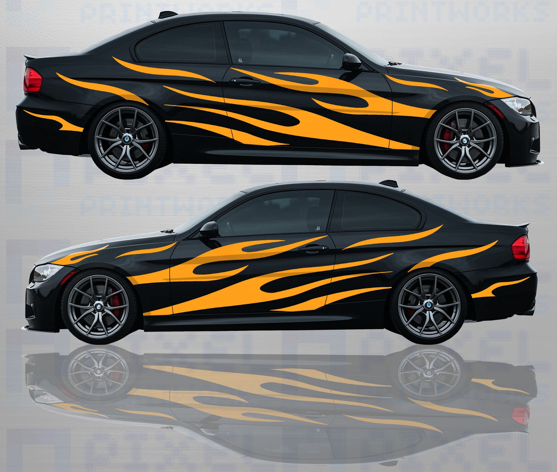 Flame vinyl decals applied to car side panels and rear body