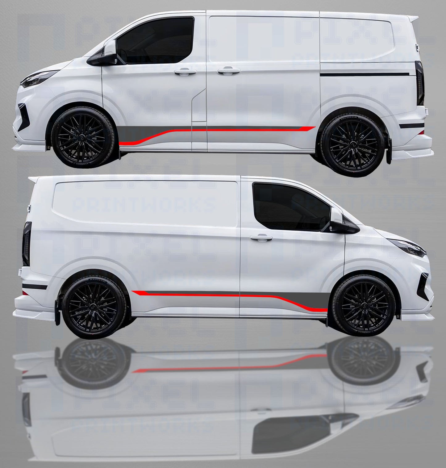 Ford Transit Custom 2023–2025 Lower Side Stripe Decal Kit – LWB & SWB Vinyl Van Graphics | Pixel Printworks
