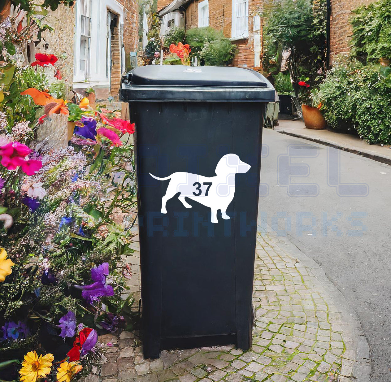 Personalised Wheelie Bin Sticker – Sausage Dog Silhouette | Vinyl Decal Pack