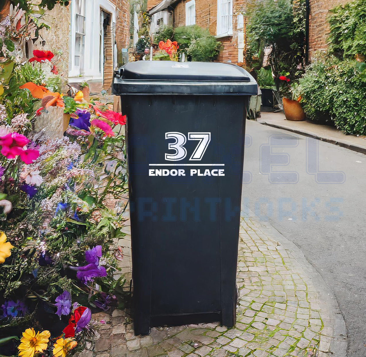 Personalised Wheelie Bin Sticker – Jedi Style Font – Number & Street Name | Vinyl Decal Pack