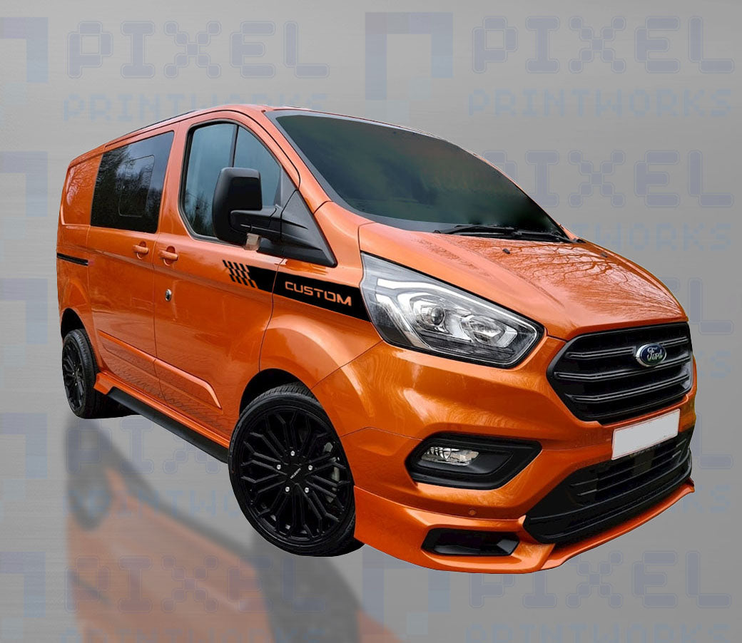 Ford Transit Custom Front Panel Stripe Decal – “Custom” Text with Checker Design (2014–2023) | Pixel Printworks