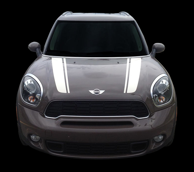 Mini Countryman bonnet stripe vinyl decals fitted to vehicle with motorsport racing style graphics