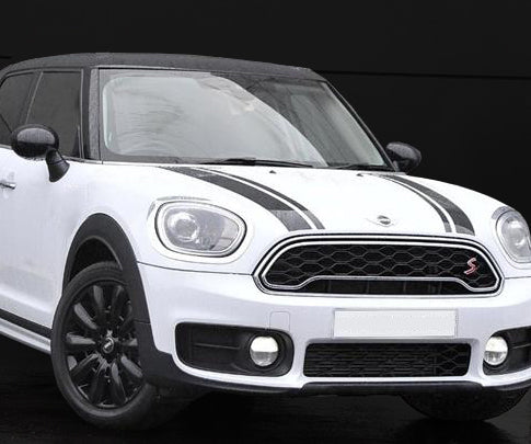 Mini Countryman bonnet stripe vinyl decals fitted to vehicle with motorsport style racing graphics