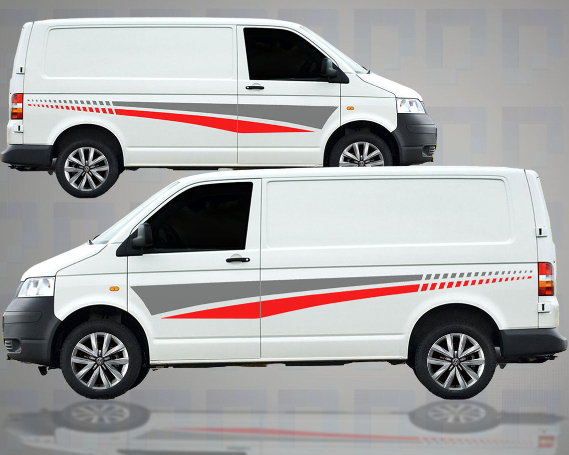 Racing-style campervan vinyl graphics kit for SWB & MWB vans – 4-piece decal set for Vivaro, Transporter, Transit